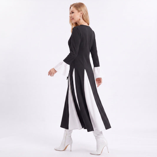 Color Block Belted Long Sleeve Fit and Flare Midi Dress