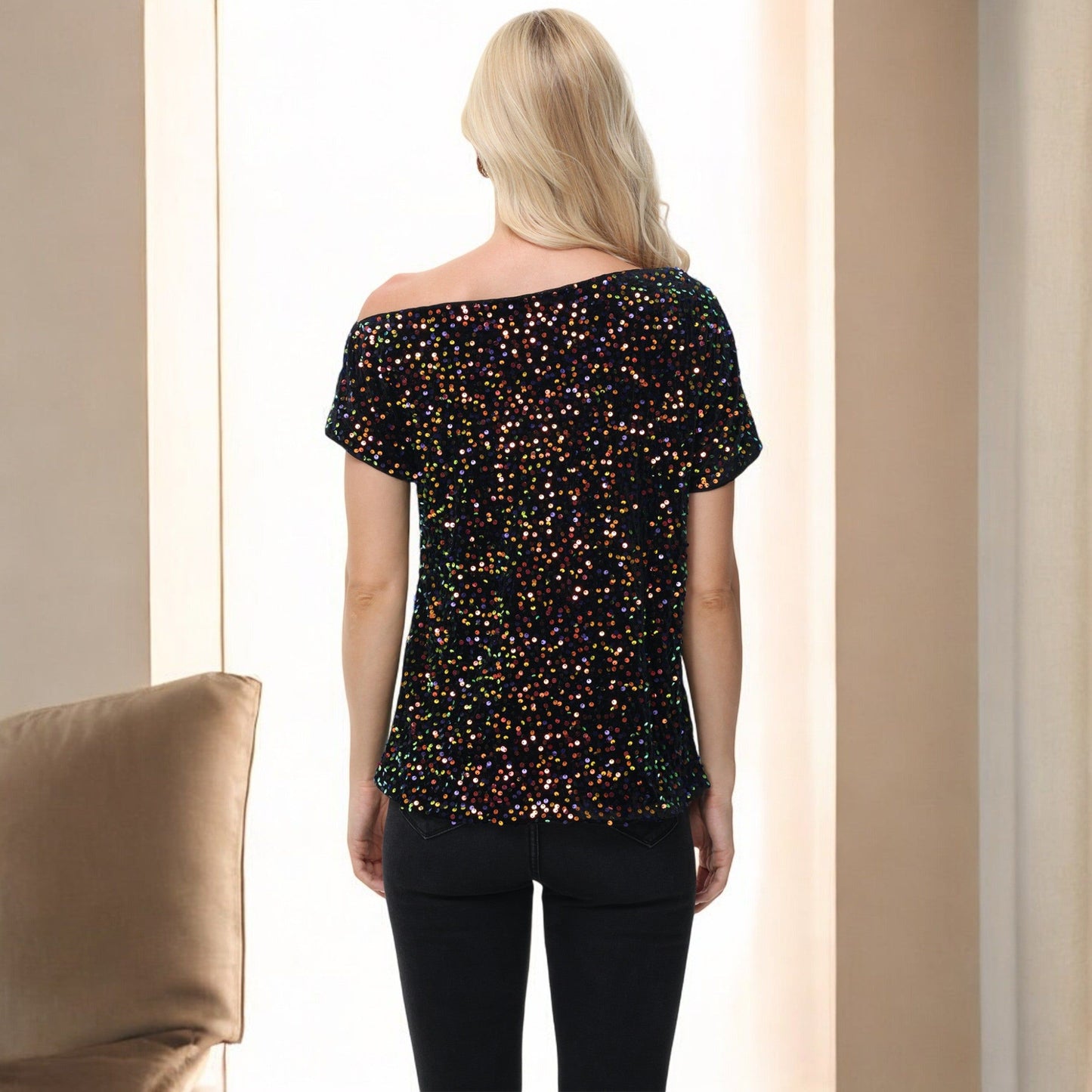 Off-Shoulder Sequin Short Sleeve Top with Relaxed Fit