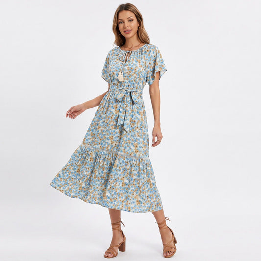 Floral Print Midi Dress with Tie Neck Short Flutter Sleeves Belted Waist and Tiered Hem