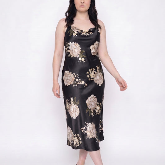 Plus Size Floral Print Satin-Like Cowl Neck Midi Nightgown with Slim Straps and Relaxed Slip Fit