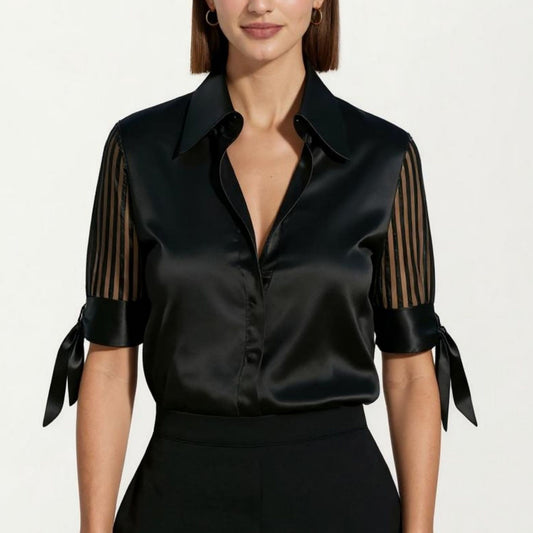 Satin Collared Blouse with Sheer Stripe Sleeves and Bow Tie Cuffs