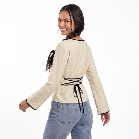 Contrast Trim Long Sleeve Top Boat Neck Ruched Waist Flared Cuffs
