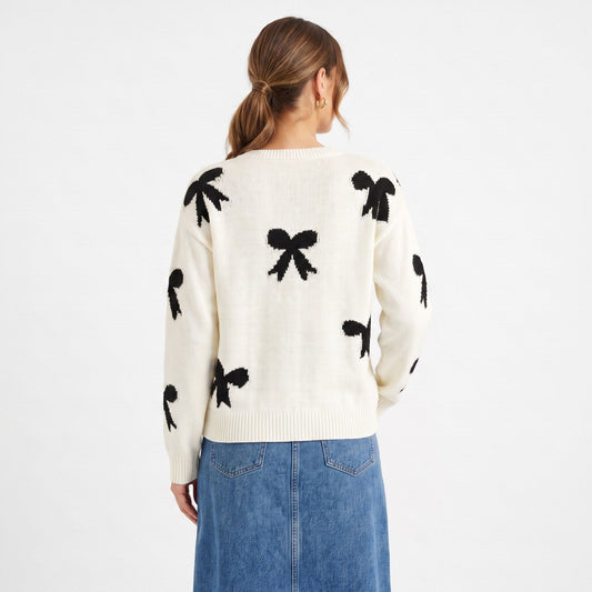Bow Print Crewneck Long Sleeve Knit Sweater
