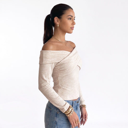 Off Shoulder Criss Cross Long Sleeve Knit Top