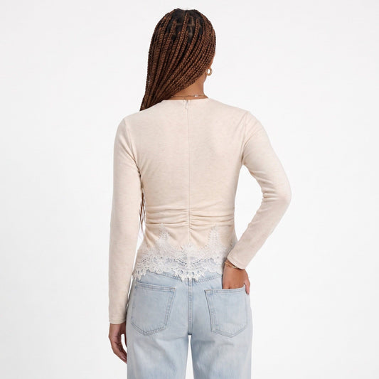 Lace Trim Ruched Long Sleeve Top Crew Neck Fitted Shirt