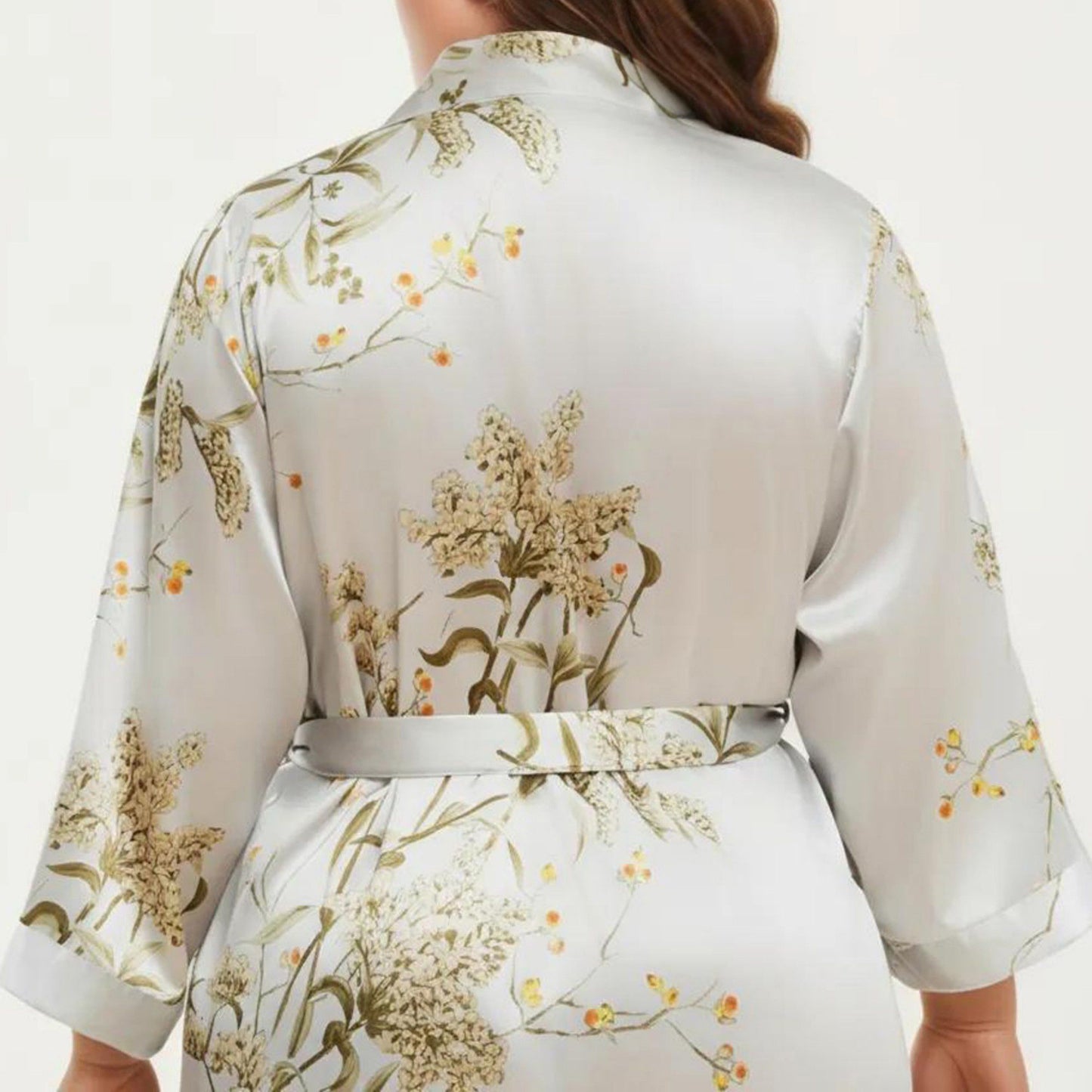 Plus Size Satin Floral Kimono Robe with Self Tie Belt Longline Open Front Lightweight Sleepwear