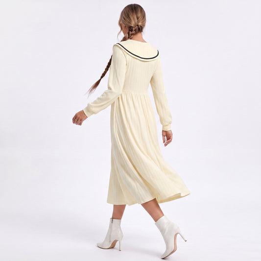 Cream Sailor Collar Long Sleeve Button Front Fit and Flare Midi Dress