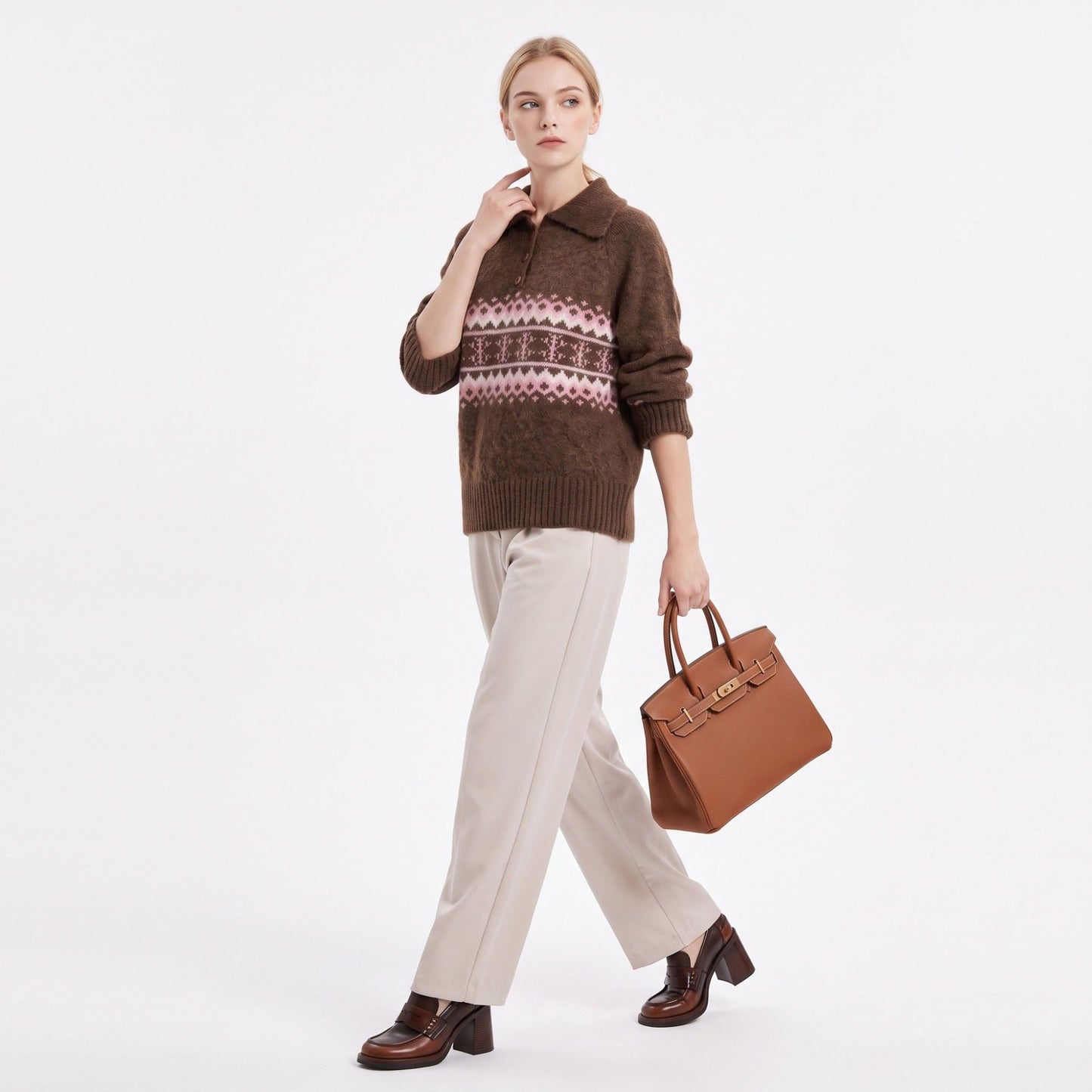 Fair Isle Collared Henley Pullover Sweater
