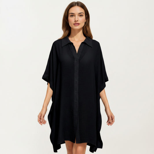 Button Front Swim Cover Up Shirt Dress Loose Lightweight Beach Kaftan