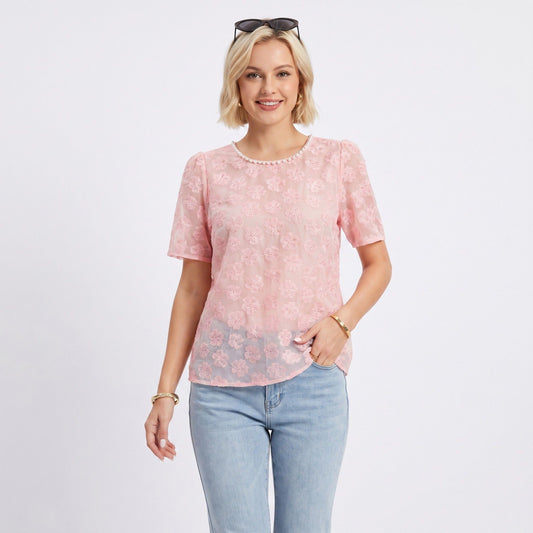 Sheer Floral Embroidered Top Pearl Neckline Short Sleeve Blouse