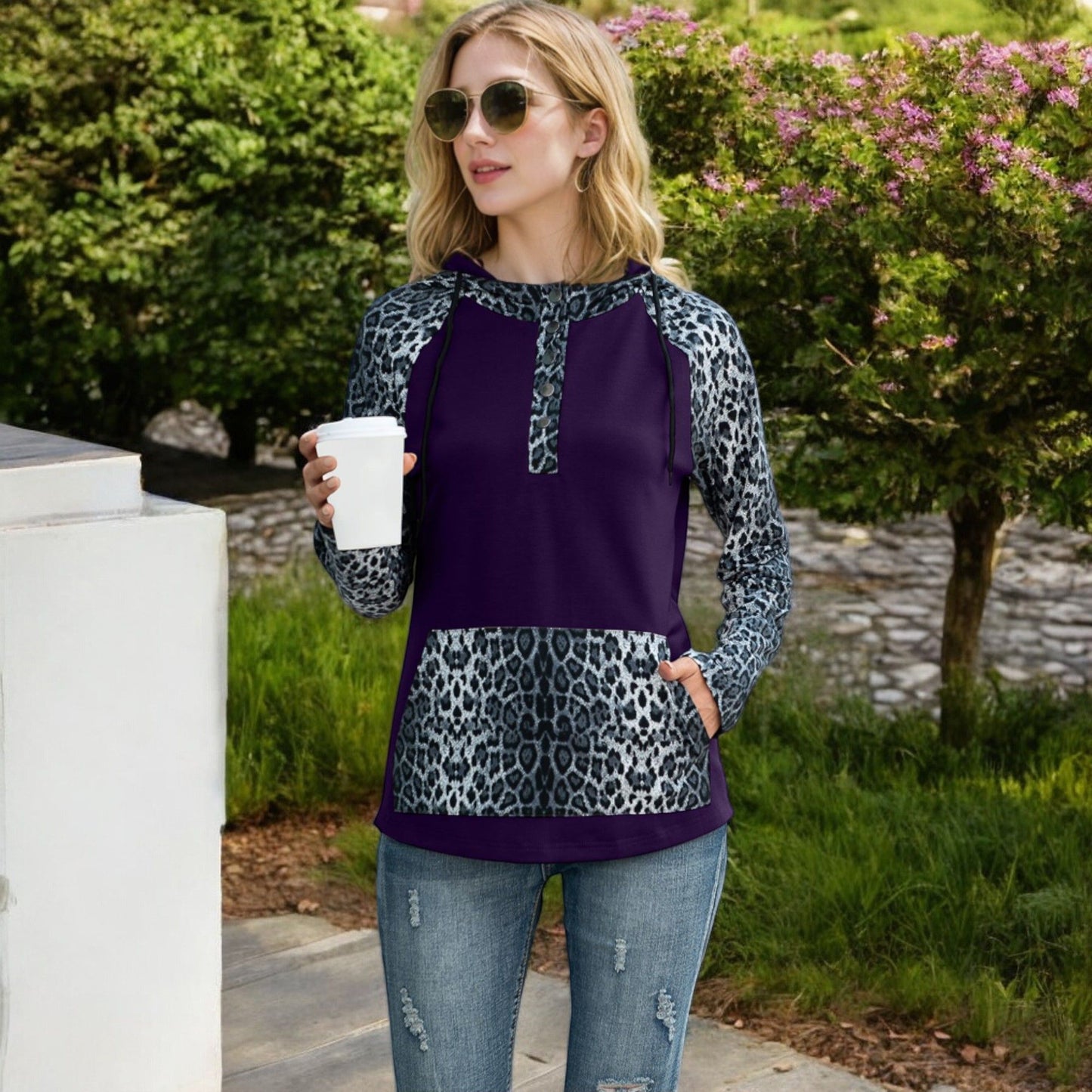 Leopard Contrast Long Sleeve Hoodie with Kangaroo Pocket