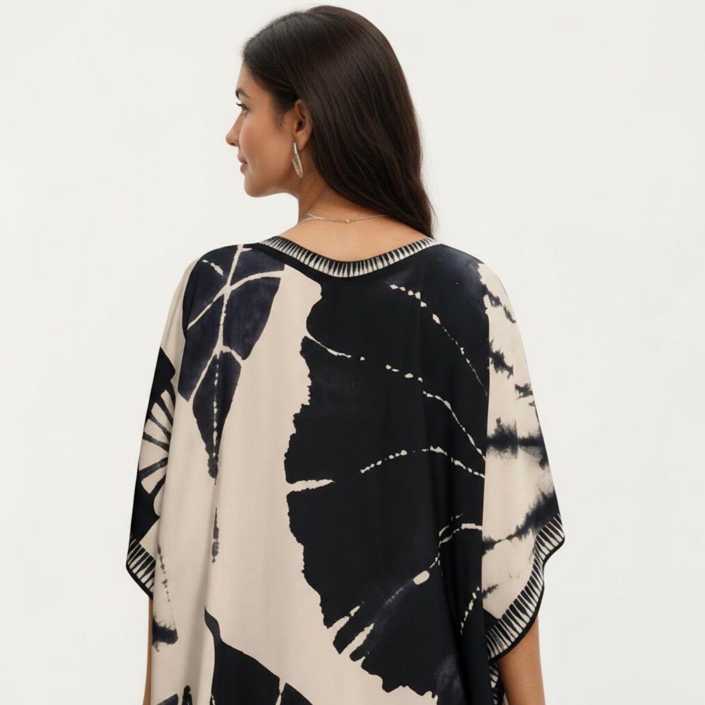 Abstract Print Maxi Caftan Dress with V-Neckline Short Sleeves and Relaxed Draped Silhouette