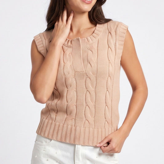 Cable Knit Sweater Vest Sleeveless Mauve Pullover Top
