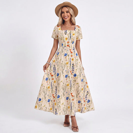 Floral Maxi Dress Square Neck Short Sleeve A Line Button Front Dress