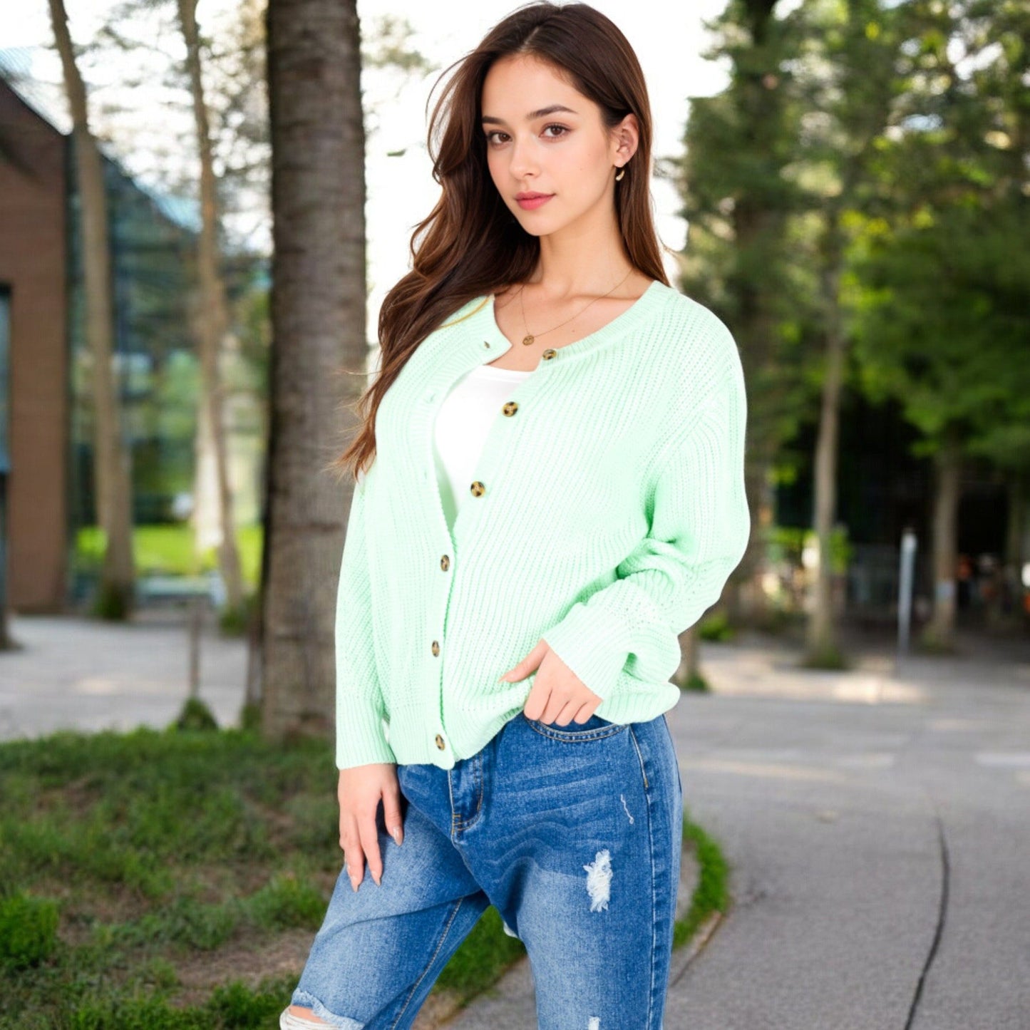 Button-Up Knit Cardigan with Long Sleeves