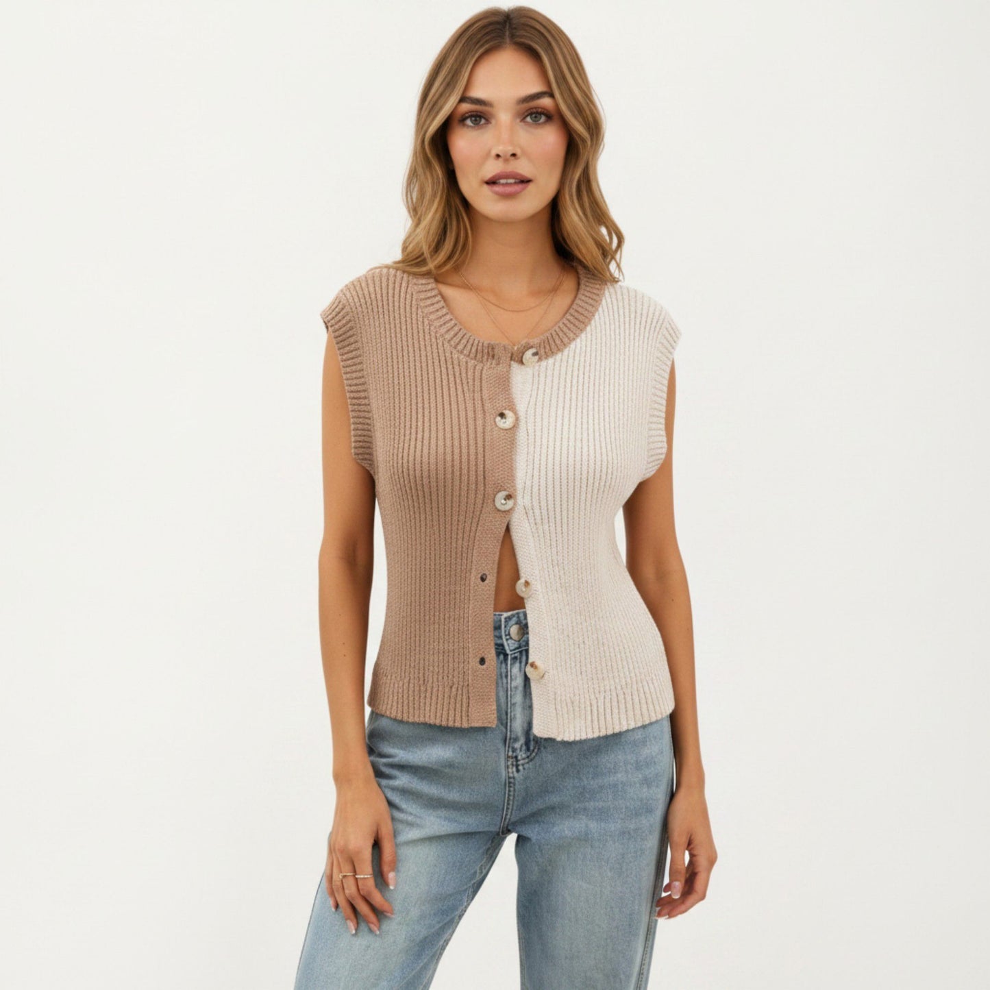 Sleeveless Colorblock Knit Vest with Button Front and Ribbed Trim