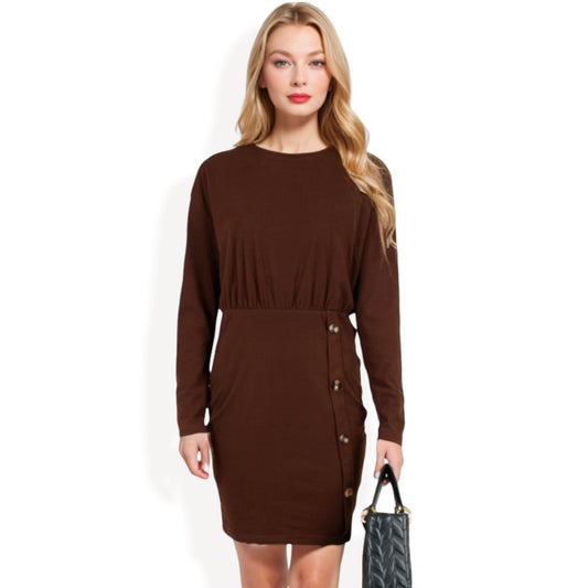 Long Sleeve Button-Detail Bodycon Dress Side Wrap Design