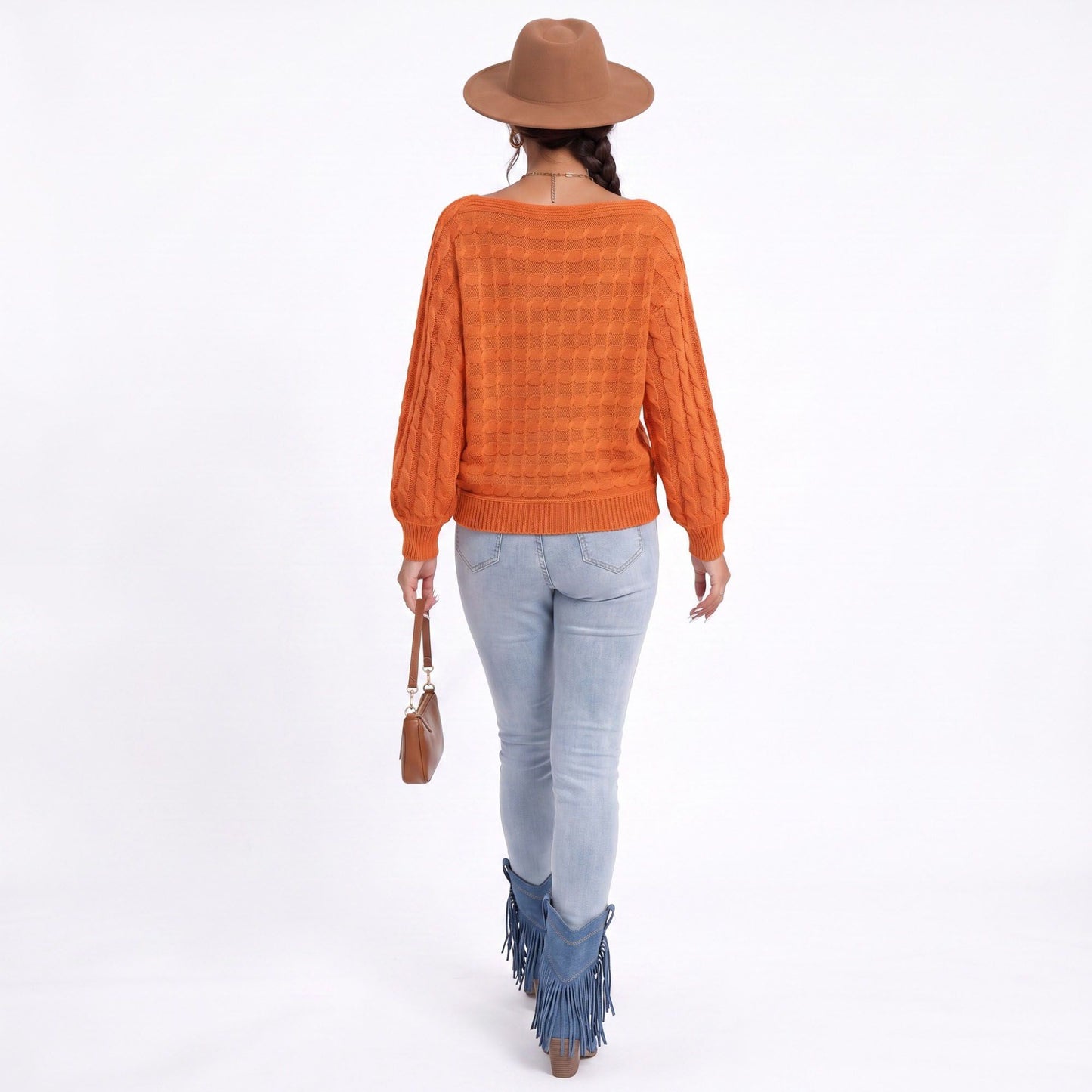 Boat Neck Cable Knit Long Sleeve Pullover Sweater
