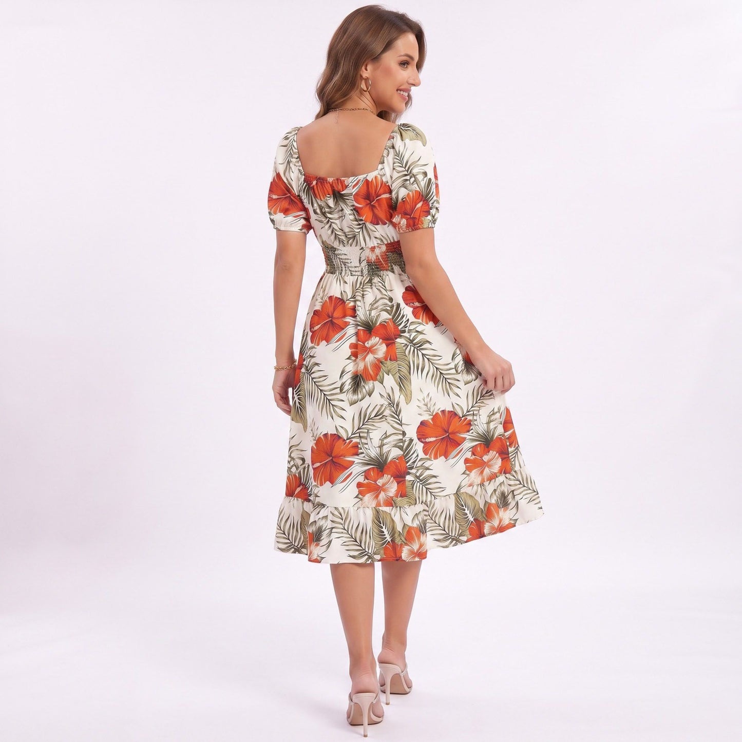 Tropical Floral Square Neck Smocked Waist Midi Dress
