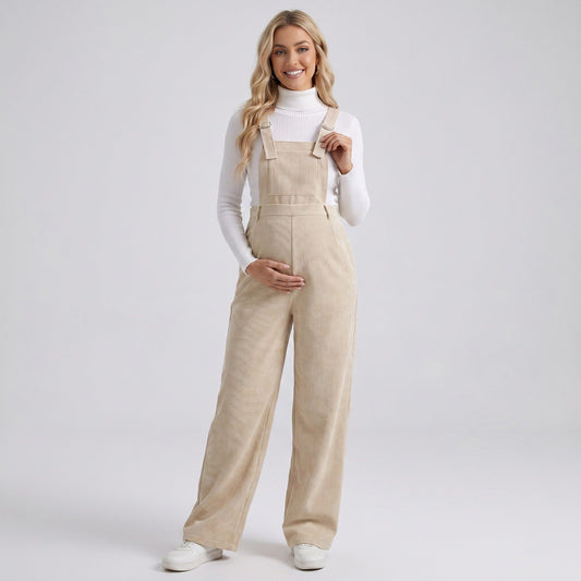 Maternity Corduroy Overall Jumpsuit with Adjustable Straps and Wide Leg Fit