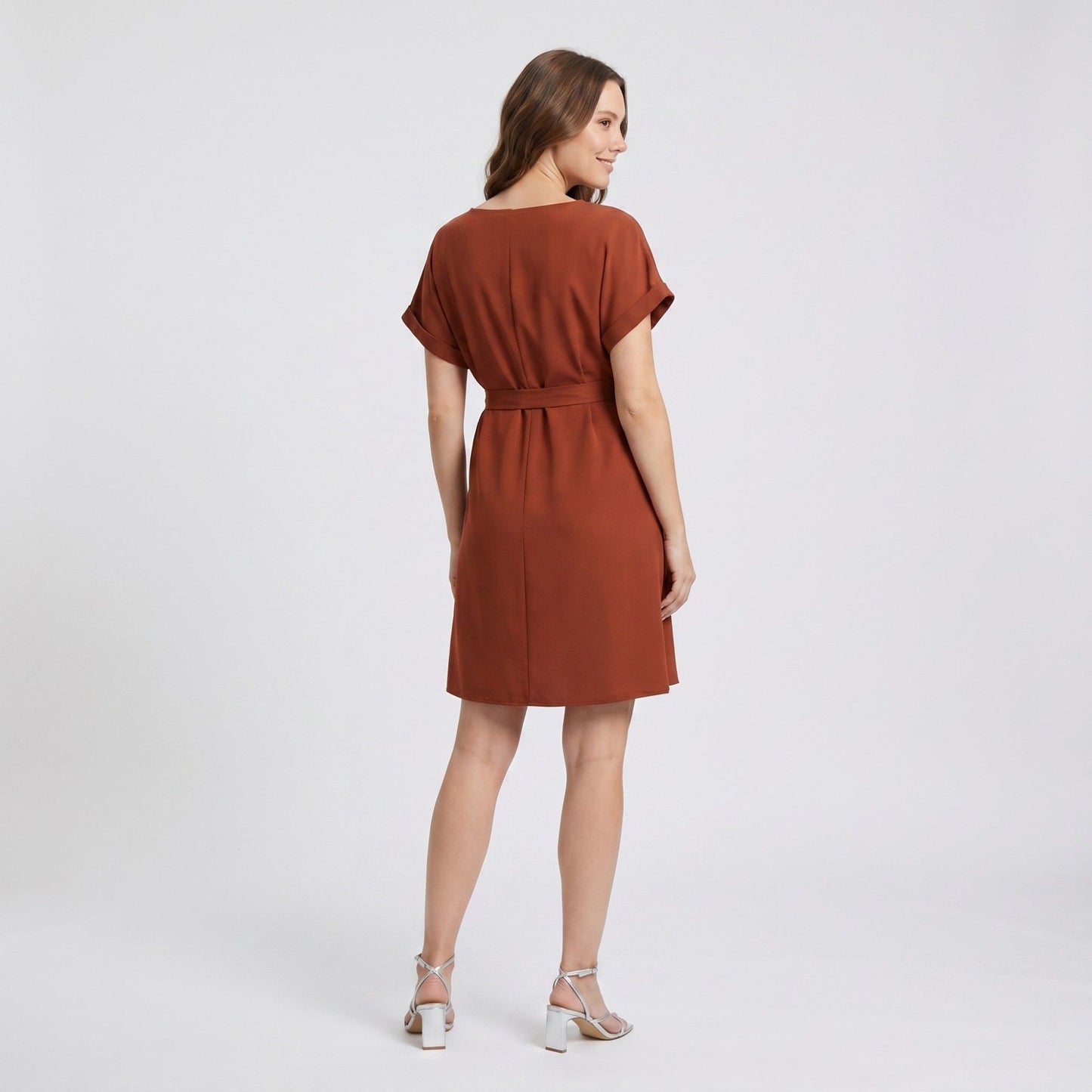 Maternity Short Sleeve Dress with Tie Waist and Relaxed A-Line Fit