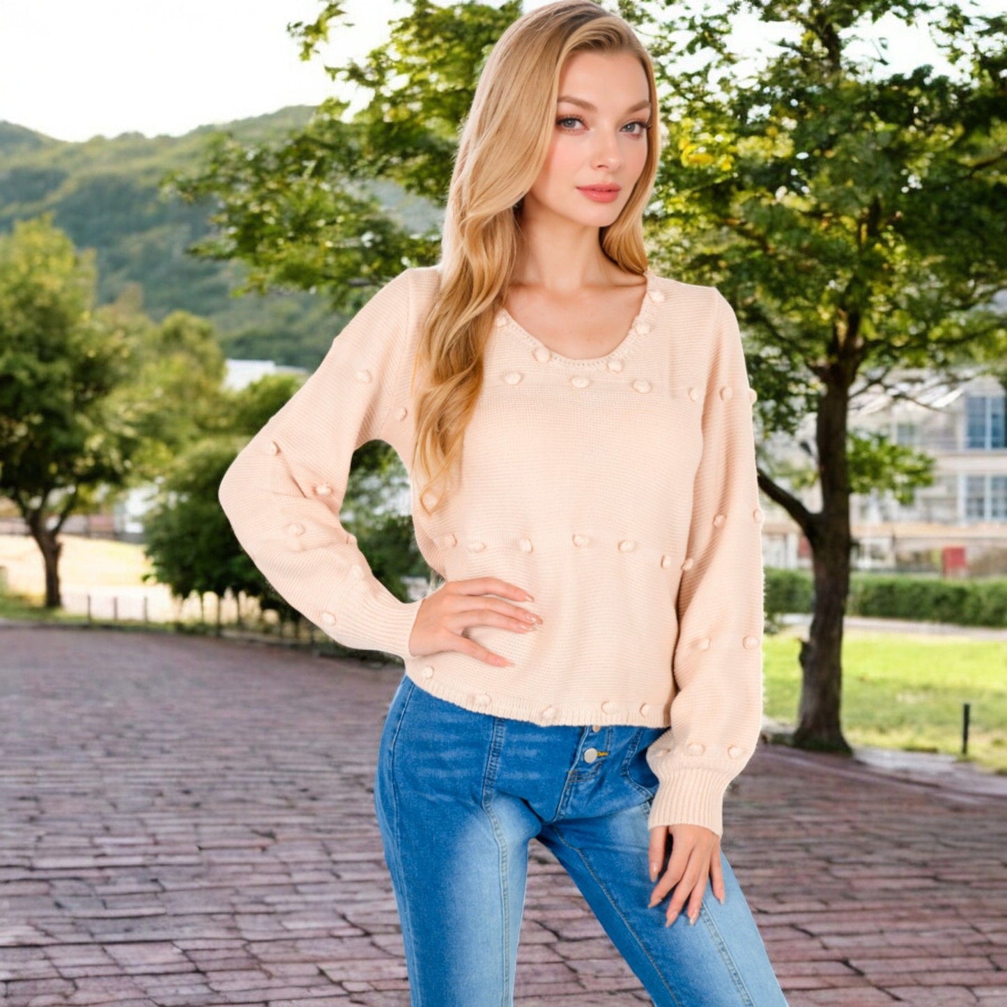 Textured Knit Sweater with Pom Pom Detailing Balloon Sleeves