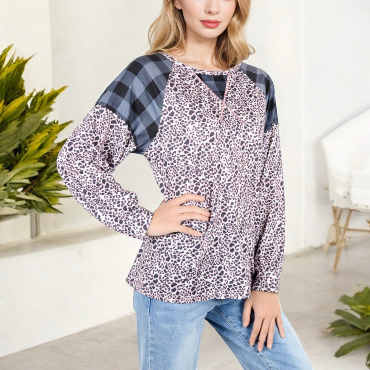 Mixed Print Long Sleeve Raglan Top Plaid Leopard Pattern