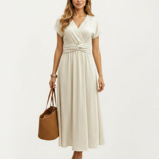 Short Sleeve Midi Dress with Wrap V Neck Twist Front Waist Detail Textured Knit Flowy Fit