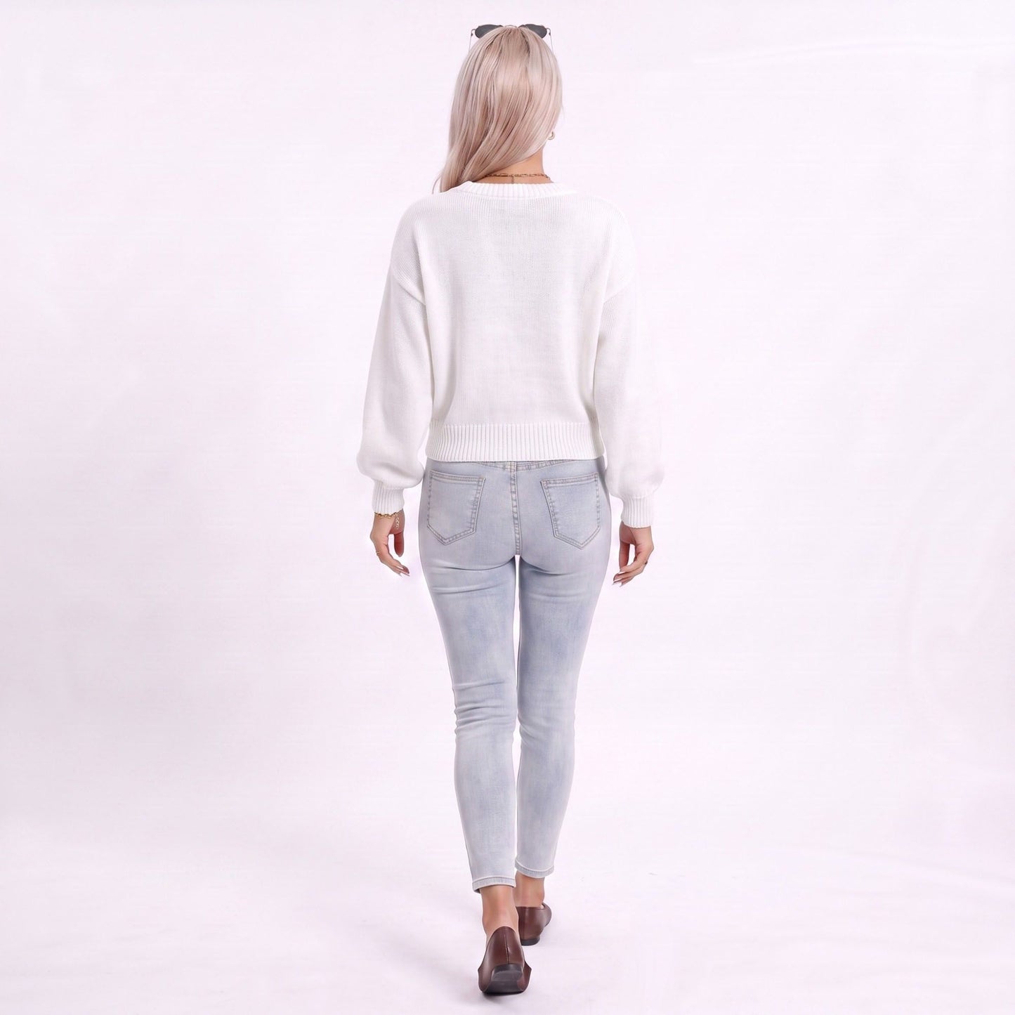 Colorful Bow Crew Neck Long Sleeve Knit Sweater