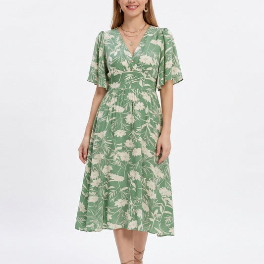 Floral Print Flutter Sleeve Smocked Waist Midi Dress