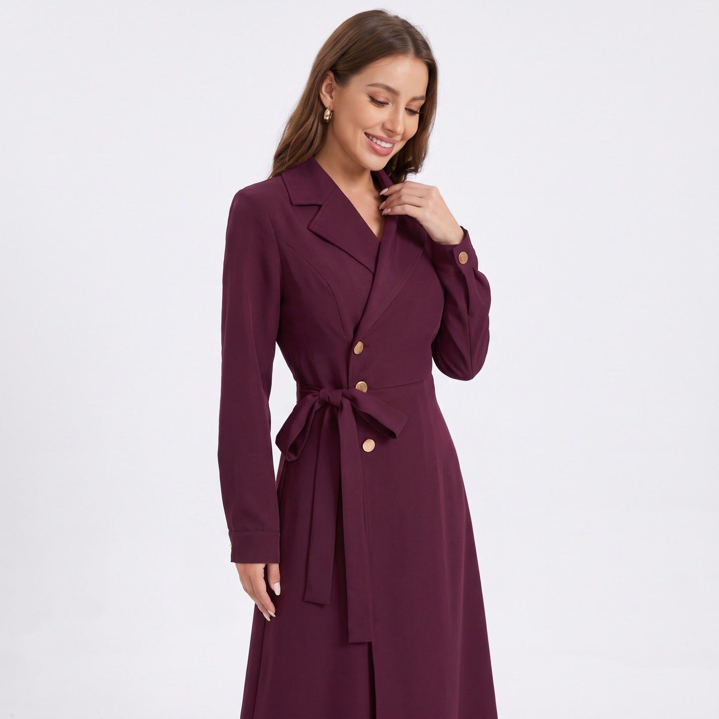 Long Sleeve Belted Trench Coat with Notched Lapels and Button Front
