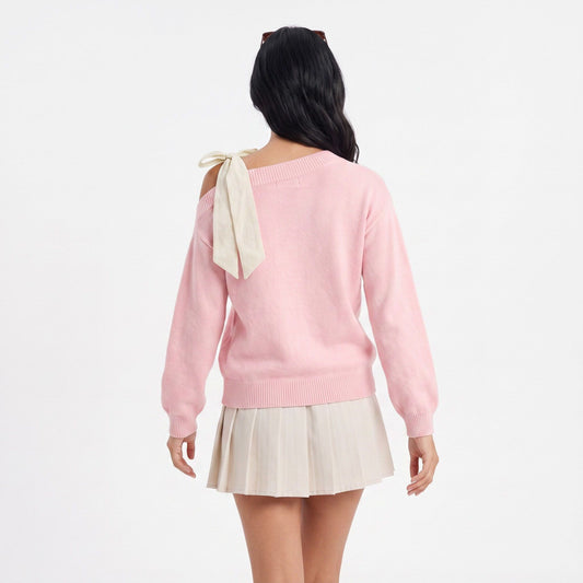 Off Shoulder Bow Sweater Long Sleeve Relaxed Fit Knit Pullover
