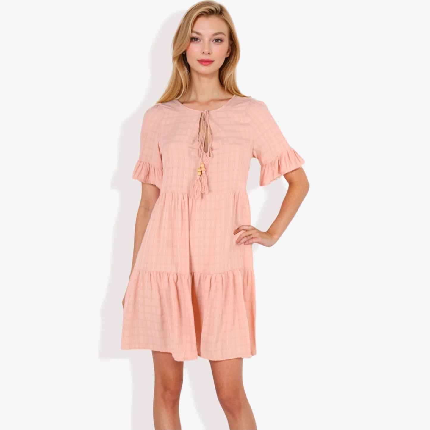 Ruffle Sleeve Tiered Dress With Button And Tassel Detail