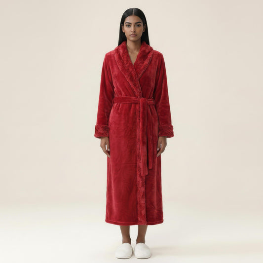 Plush Bathrobe with Shawl Collar, Self Tie Belt and Faux Shearling Trim
