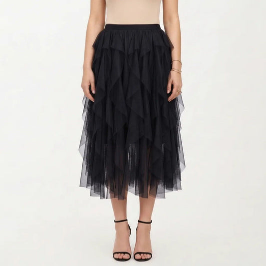 Layered Tulle Midi Skirt with Cascading Ruffle Panels and Flowing Sheer Texture Creating a Voluminous Silhouette