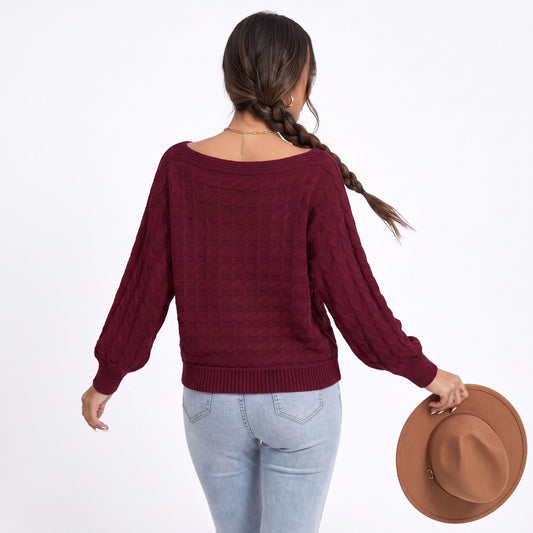 Boat Neck Cable Knit Long Sleeve Pullover Sweater