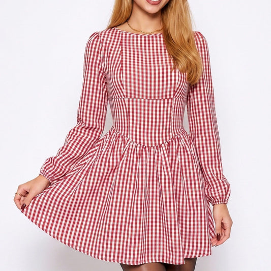 Red Gingham Long Sleeve Open Back Bow Fit and Flare Mini Dress