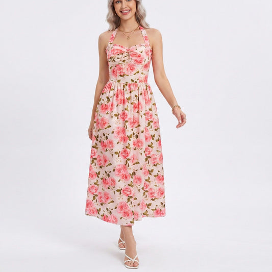 Floral Print Halter Smocked Back Midi Dress