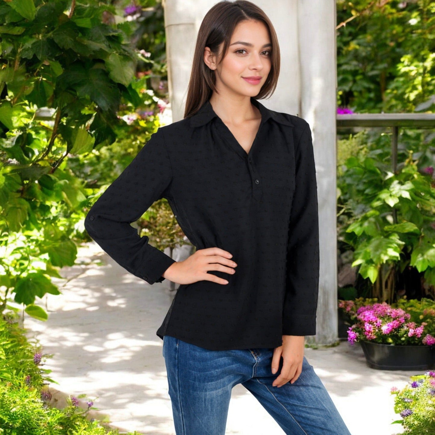 Long Sleeve Textured Blouse Button-Up Detail Spread Collar