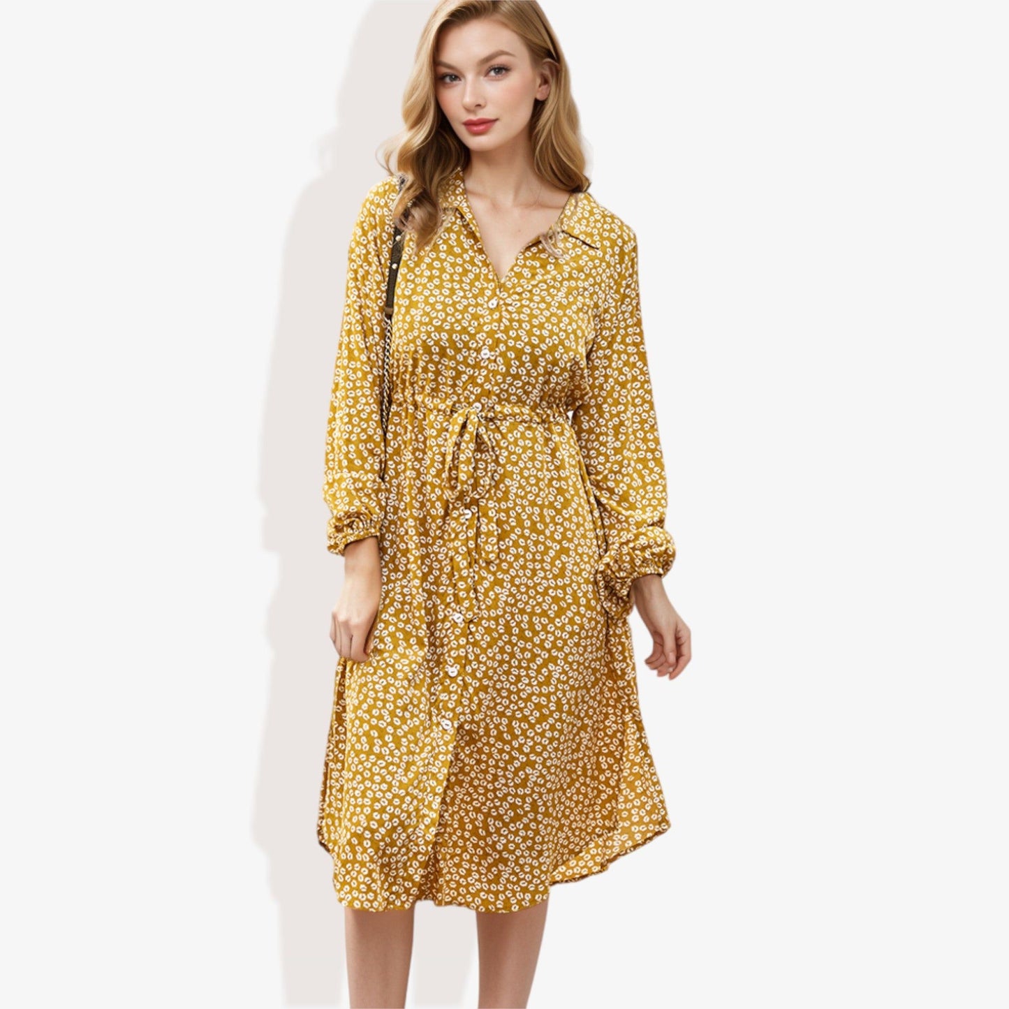 Button Down Collar Neck Bishop Sleeve Floral Midi Dress