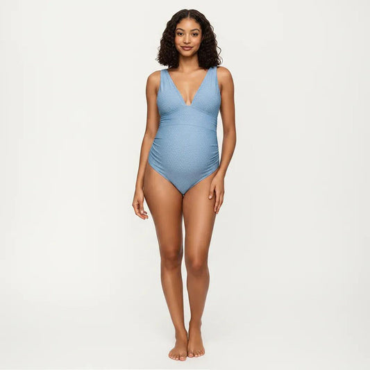 Maternity Ribbed One-Piece Swimsuit with Plunge Neckline and Side Gathering
