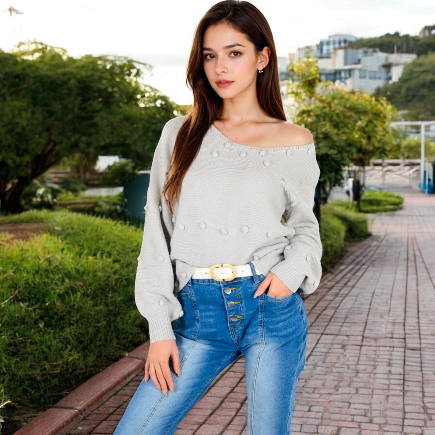 Textured Knit Sweater with Pom Pom Detailing Balloon Sleeves