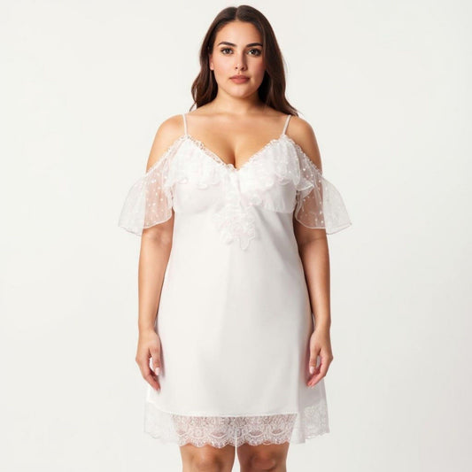Plus Size Chiffon Chemise Ruffle Sleeve Lace Trim Nightgown Adjustable Strap Sleep Dress