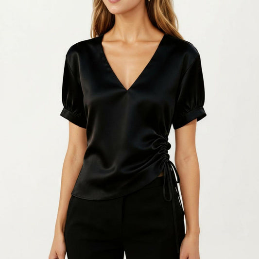 Satin V Neck Blouse with Puff Sleeves and Side Ruched Drawstring
