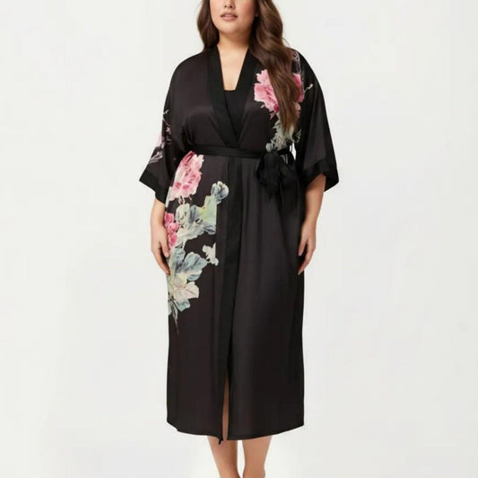 Plus Size 2-Piece Floral Kimono Robe Set with Short Sleeve Open Front Longline Cover Up and Matching Inner Dress
