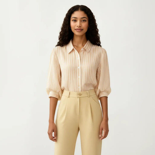 Striped Button Down Blouse with Collared Neckline and Puff Sleeves