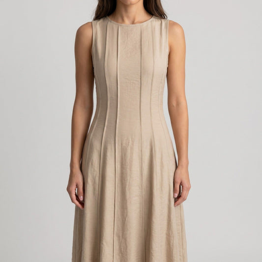 Sleeveless Round Neck Panel Seam Maxi Dress with Fitted Bodice Flowy A-Line Skirt and Soft Woven Drape