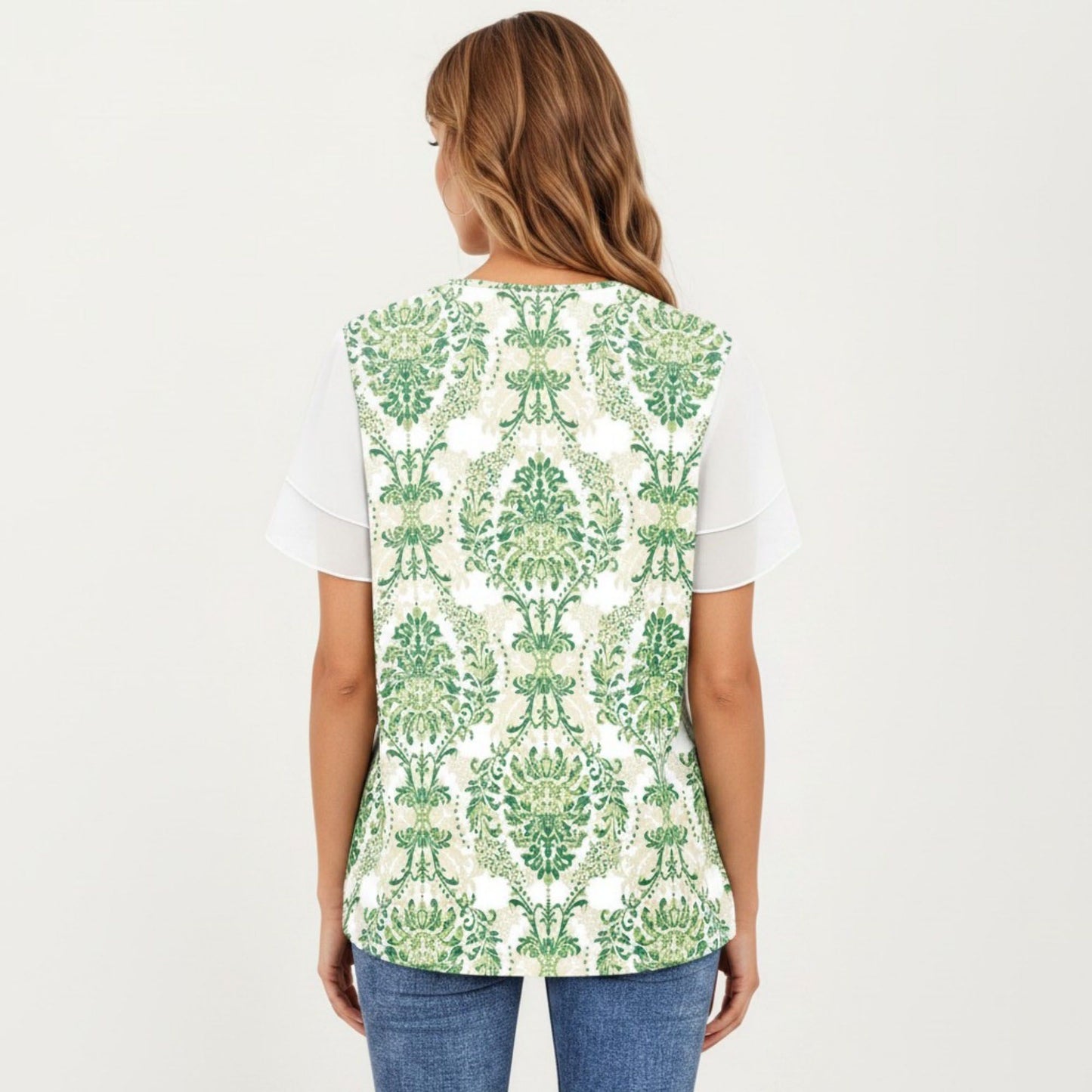 Short Sleeve Top with Leopard Print Mesh Sleeves Round Neck Relaxed Fit Casual Shirt