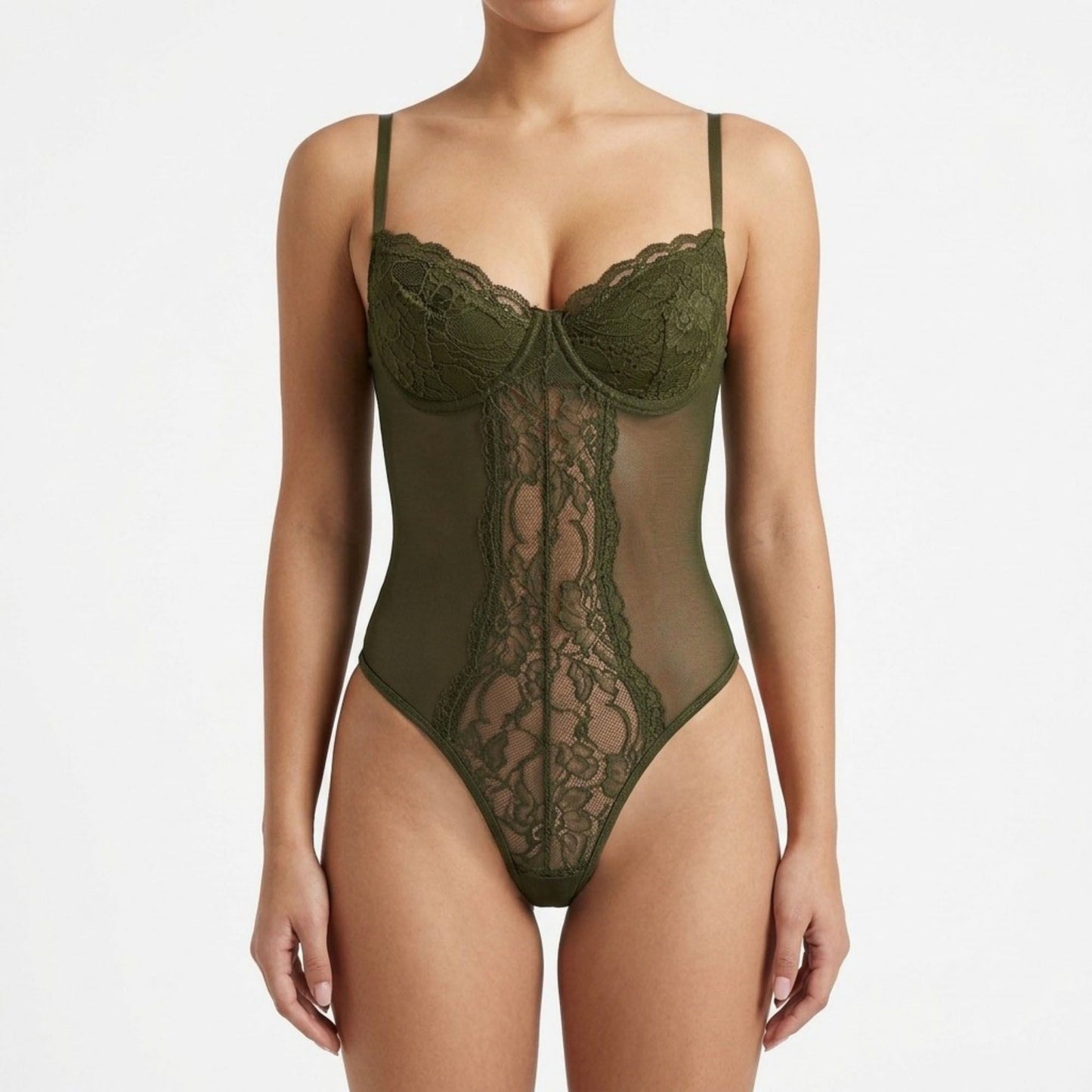 Floral Lace Mesh Bodysuit with Underwire Cups and Adjustable Straps