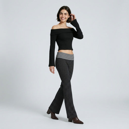 Striped Contrast Foldover Waistband Polka Dot Full-Length Wide-Leg Trousers
